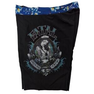 Fatal Wrecking Crew Tattooed Sailer Girl w/ Roses Board Shorts Black Blue Siz 36
